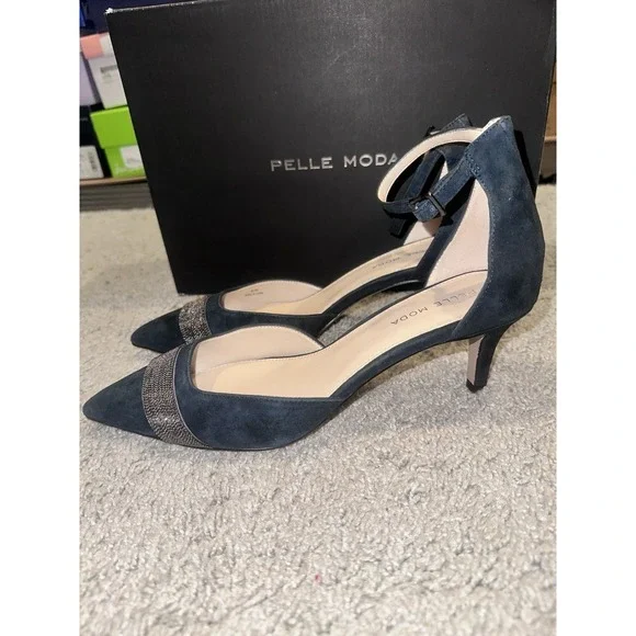 NWB Pelle Moda 8.5m KELDA-SU Slingback Pumps Navy Kid Suede Beige Shoes - Picture 3 of 6